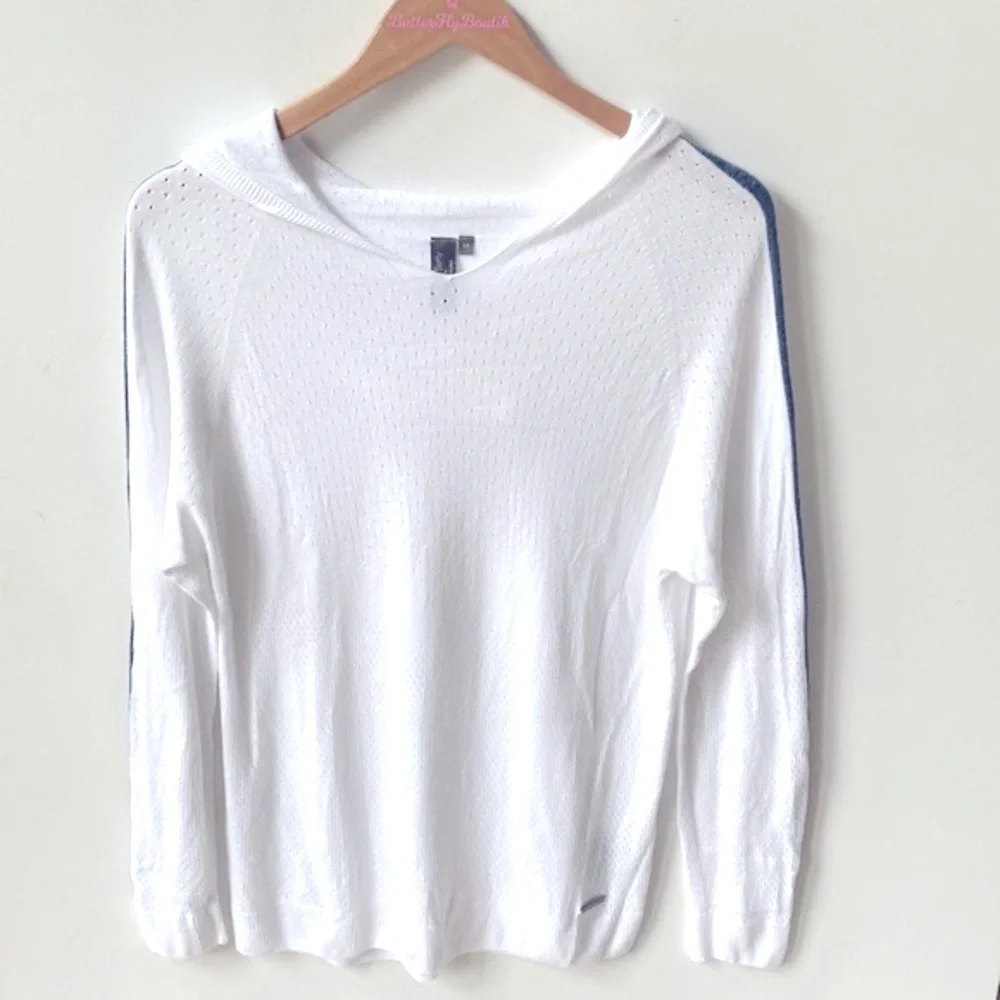 Sweaty Betty Long-sleeve eyelet White hooded top & blue trim on sleeves, Size M - Picture 1 of 10